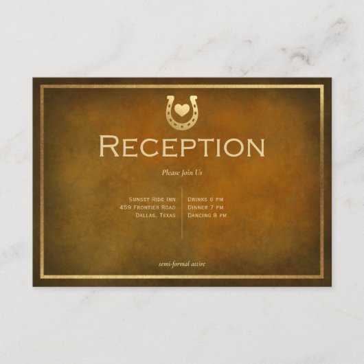Western rustiek Hoefijzer bruin & gouden receptie Informatiekaartje (Voorkant)
