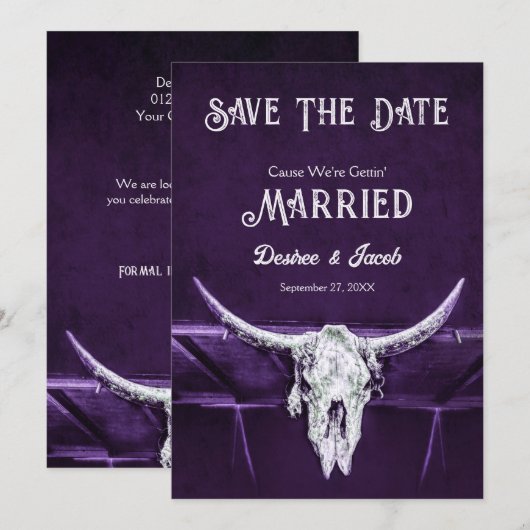 Western Rustiek Land Dark Paarse Bull Skull Save The Date (Voorkant / Achterkant)