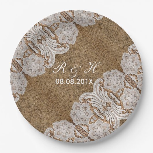 western rustig land bruiloft burlap en kant papieren bordje (Voorkant)
