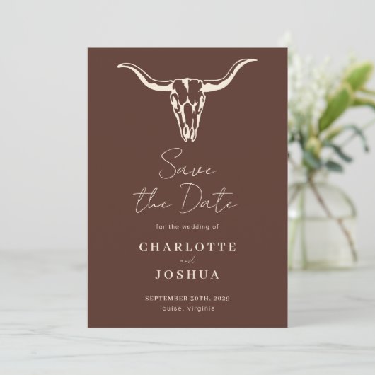 Western Save the Date | Rustic Boho Cow Skull (Staand voorkant)