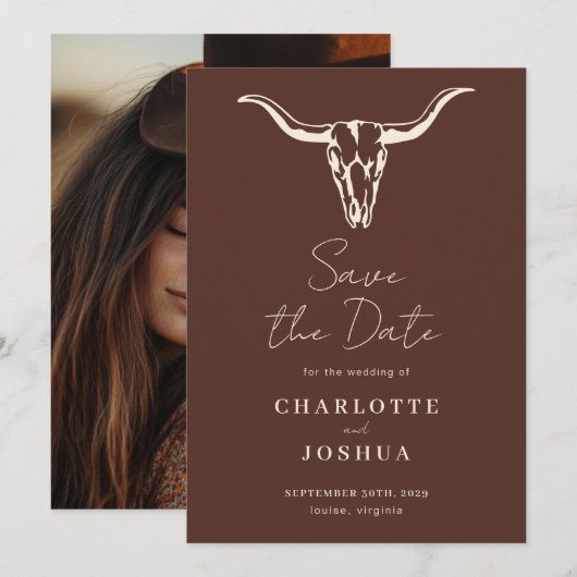 Western Save the Date | Rustic Boho Cow Skull (Voorkant / Achterkant)