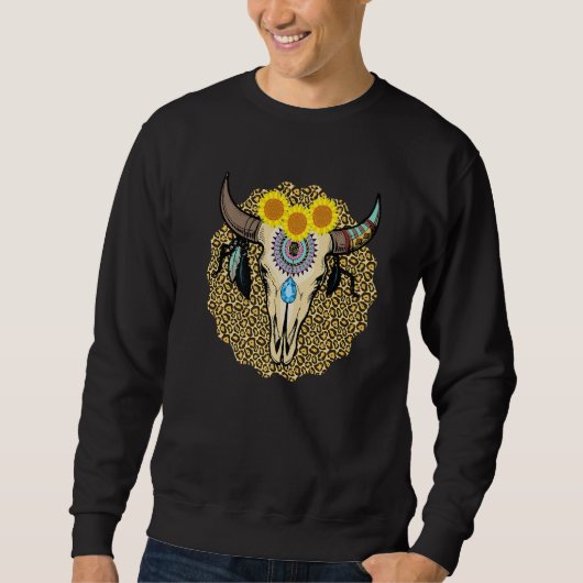 Western Serape Cow Skull Print Sunflower Leopard T Trui (Voorkant)
