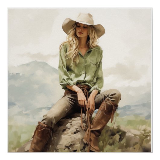 Western Silhouet: Cowgirl Wall Art Perfect Poster (Voorkant)