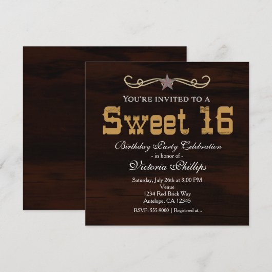 Western Star Country SWEET 16 VERJAARDAGSUITNODIGI Kaart (Voorkant / Achterkant)