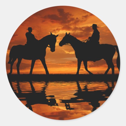 Western Sunset Horseback Riding cowboy silhouette Ronde Sticker (Voorkant)