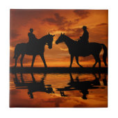 Western Sunset Horseback Riding cowboy silhouette Tegeltje (Voorkant)