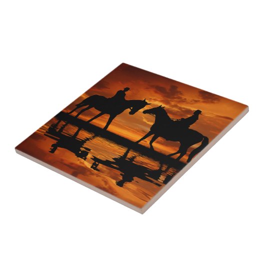 Western Sunset Horseback Riding cowboy silhouette Tegeltje (Zijkant)