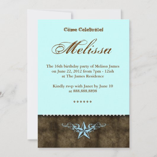 Western Sweet 16 Invitation Blue Star Brown Kaart (Voorkant)