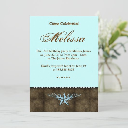 Western Sweet 16 Invitation Blue Star Brown Kaart (Staand voorkant)