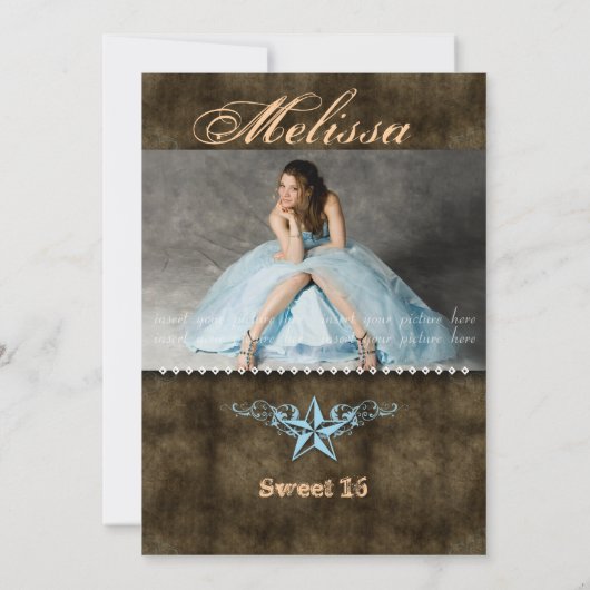 Western Sweet 16 Invitation Blue Star Brown Kaart (Achterkant)