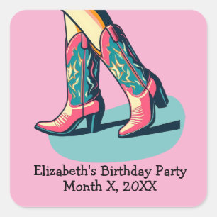 Western Thema Cowgirl Boots Meisje Verjaardagsfees Vierkante Sticker