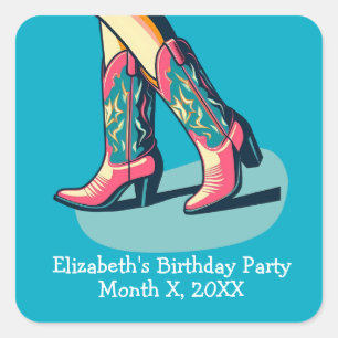 Western Thema Cowgirl Boots Meisje Verjaardagsfees Vierkante Sticker