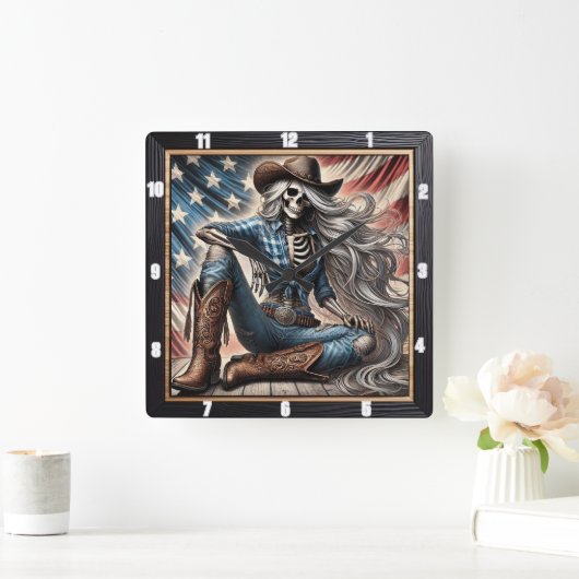 Western-thema skelet met Pet en laarzen Vierkante Klok (Huis)