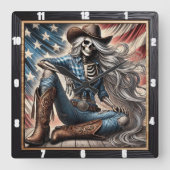 Western-thema skelet met Pet en laarzen Vierkante Klok (Voorkant)