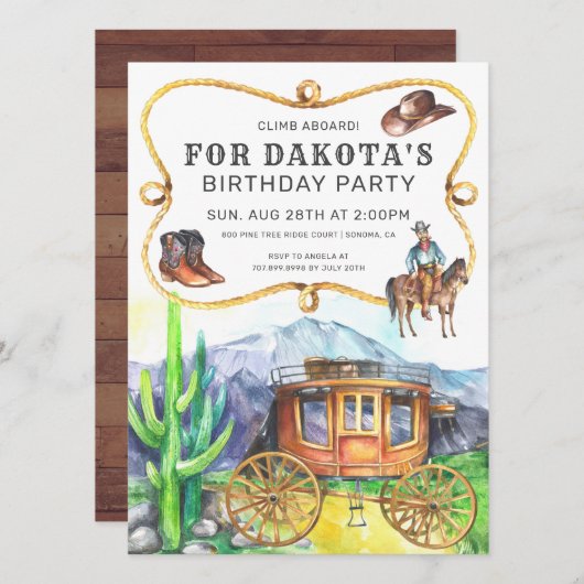 Western thema Stagecoach Cowboy Birthday Party Inv Kaart (Voorkant / Achterkant)