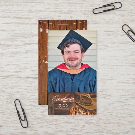 Western theme Hat and Lasso Grad Party Invitation Visitekaartje (Voorkant / Achterkant in situ)