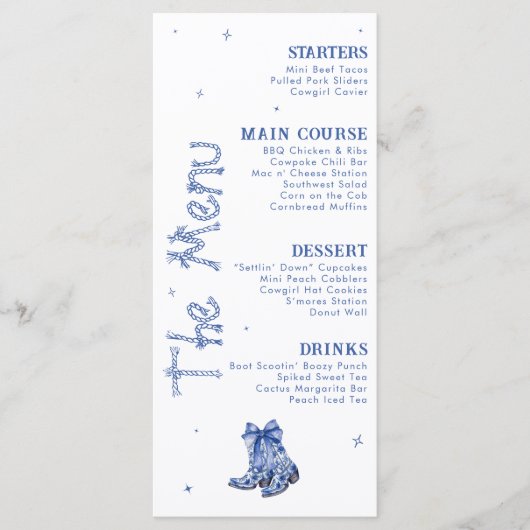 Western Themed Bachelorette Weekend Party Blue Menu (Voorkant)
