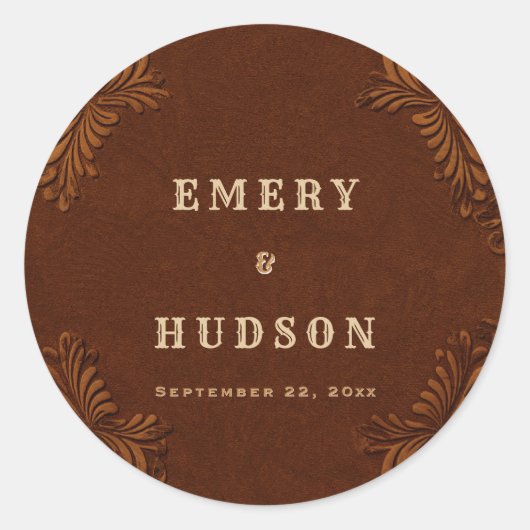 Western Tooled Rustic Terracotta Cream Wedding Ronde Sticker (Voorkant)