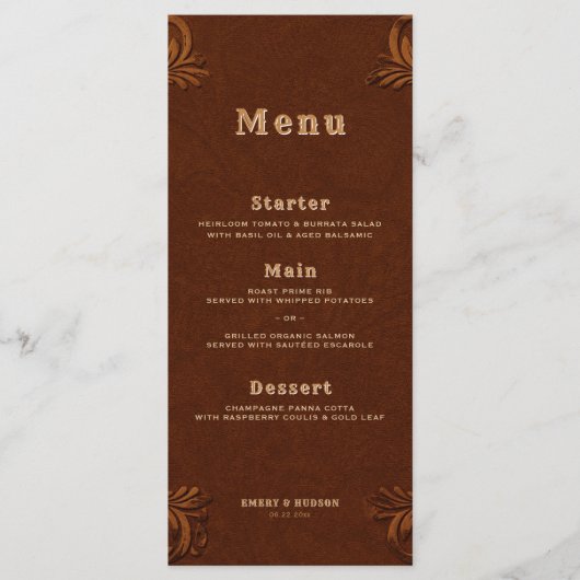 Western Tooled Terracotta Rustic Cowboy Wedding Menu (Voorkant)