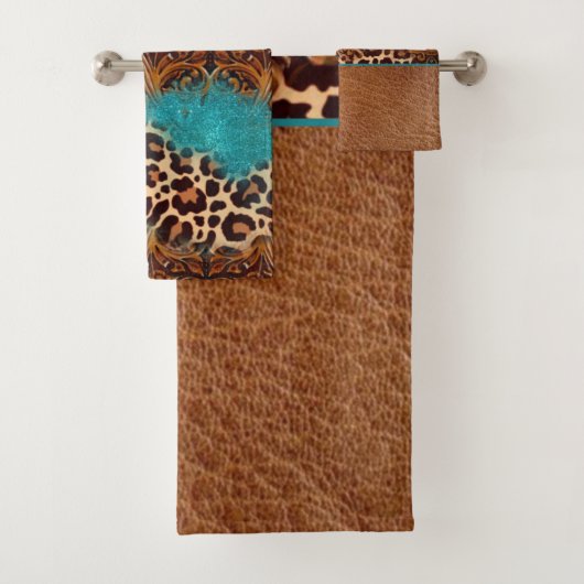 Western Turquoise Glitter Flourish Leather Leopard Bad Handdoek (Insitu)