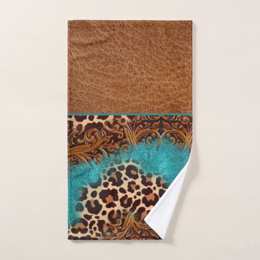 Western Turquoise Glitter Flourish Leather Leopard Bad Handdoek (Handdoek)