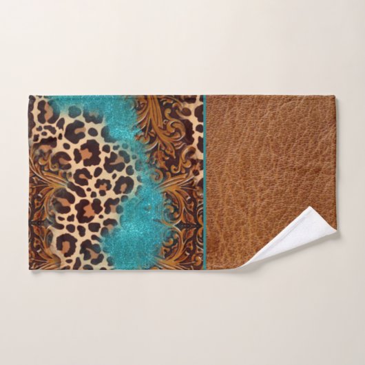 Western Turquoise Glitter Flourish Leather Leopard Bad Handdoek (Handdoek)