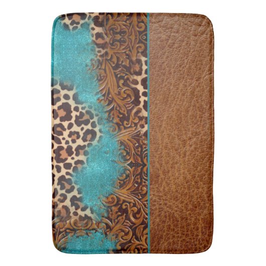 Western Turquoise Glitter Flourish Leather Leopard Badmat (Voorkant Verticaal)