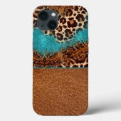 Western Turquoise Glitter Flourish Leather Leopard Case-Mate iPhone Case (Achterkant)