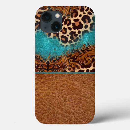 Western Turquoise Glitter Flourish Leather Leopard Case-Mate iPhone Case (Achterkant)