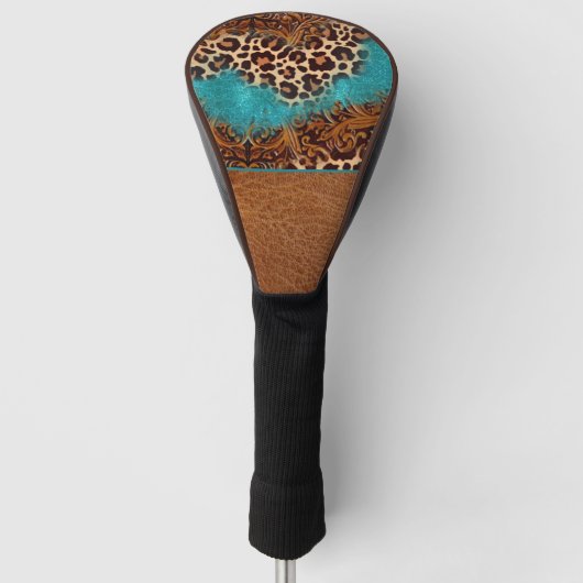 Western Turquoise Glitter Flourish Leather Leopard Golfheadcover (Voorkant)