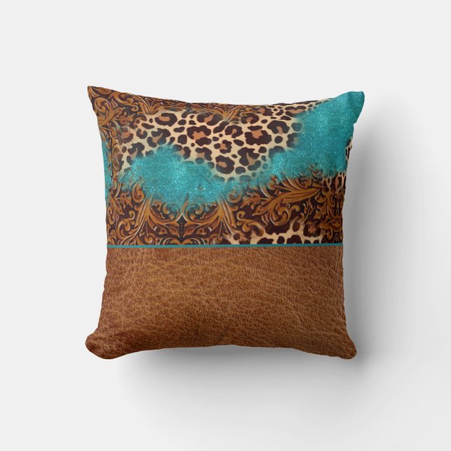 Western Turquoise Glitter Flourish Leather Leopard Kussen (Voorkant)