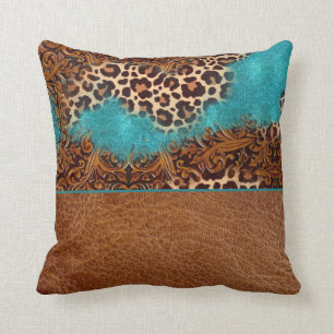 Western Turquoise Glitter Flourish Leather Leopard Kussen