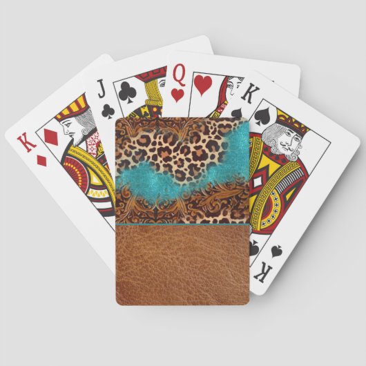 Western Turquoise Glitter Flourish Leather Leopard Pokerkaarten (Achterkant)