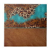 Western Turquoise Glitter Flourish Leather Leopard Tegeltje (Voorkant)