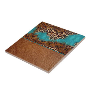 Western Turquoise Glitter Flourish Leather Leopard Tegeltje