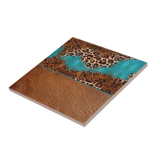 Western Turquoise Glitter Flourish Leather Leopard Tegeltje (Zijkant)