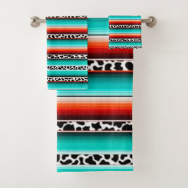 Western Turquoise Terracotta Strepen Koe Print Bad Handdoek