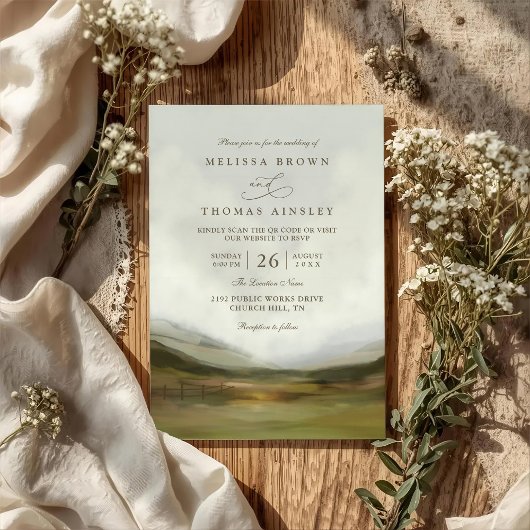 Western Valley Rustic Elegant QR Code Wedding Kaart