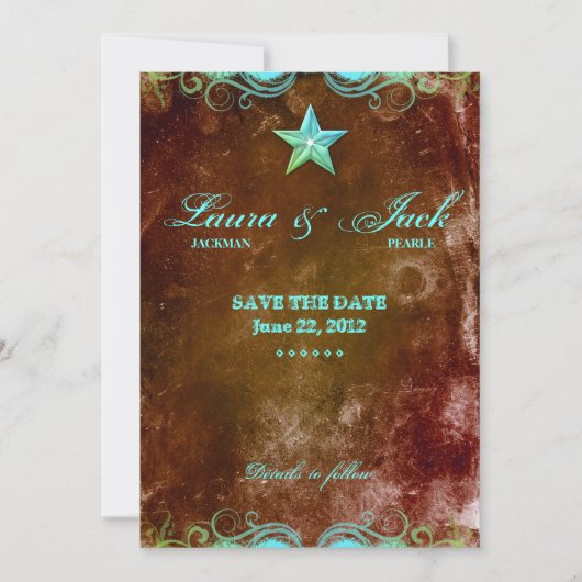 Western Verloving bekendmaking Blue Brown Star Save The Date (Voorkant)