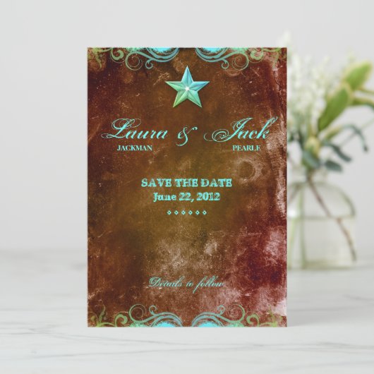 Western Verloving bekendmaking Blue Brown Star Save The Date (Staand voorkant)