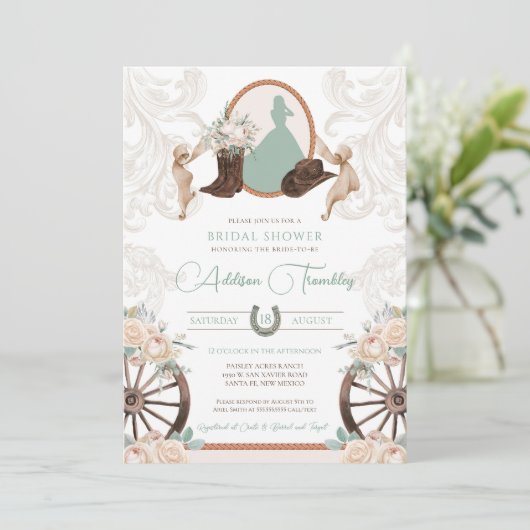 Western White Rose Floral Sage Green Vrijgezellenf Kaart (Staand voorkant)