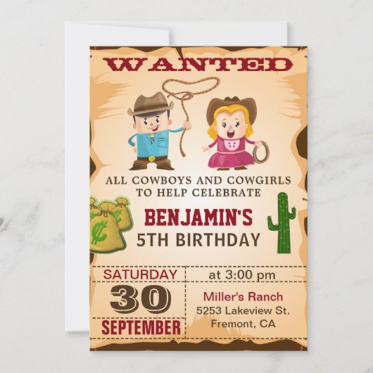 Western Wild West Gezocht Cowboy Birthday Party Kaart (Voorkant)