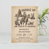 Western zadel omhoog en doe mee voor verjaardagsfe kaart (Staand voorkant)