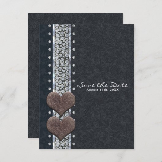 Western zwart glam leder en diamant sparen de Datu Aankondigingskaart (Voorkant / Achterkant)