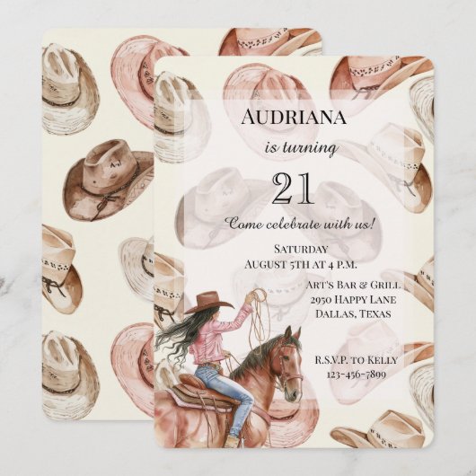 Western Zwart Haar Cowgirl Petten Verjaardag Kaart (Voorkant / Achterkant)