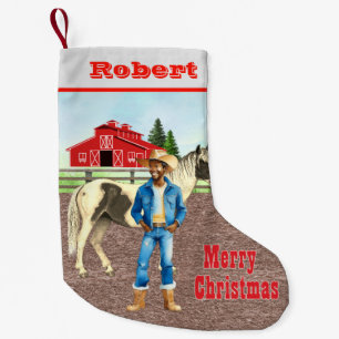 Westerne Adult Cowboy met Paard en Schuur Kleine Kerstsok
