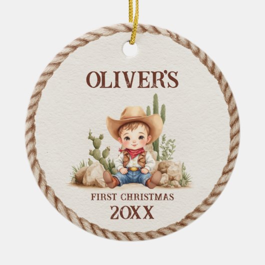 Westerne Baby Boy Eerste Kerstdag Keramisch Ornament (Voorkant)