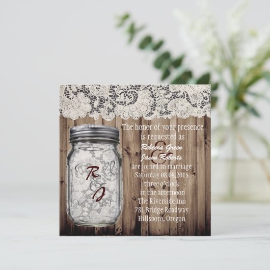 westerne barnwood lace mason jar bruiloft kaart (Staand voorkant)