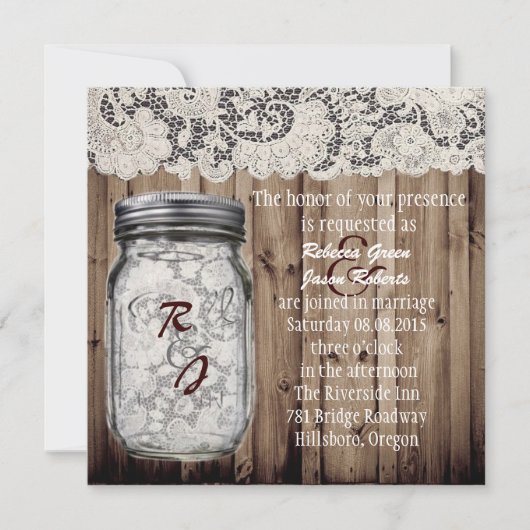 westerne barnwood lace mason jar bruiloft kaart (Voorkant)