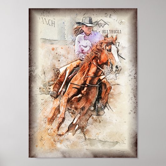 Westerne Barrel Racing Cowgirl Decoupage Print (Voorkant)